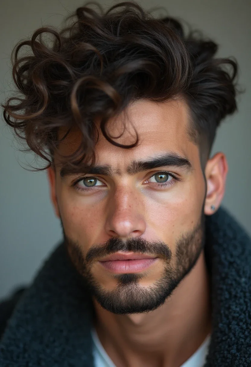 Man with a short curly mullet hairstyle