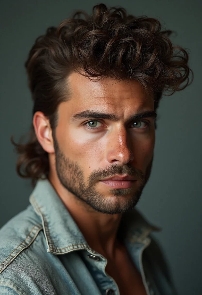 Man with a curly mullet for thick hair