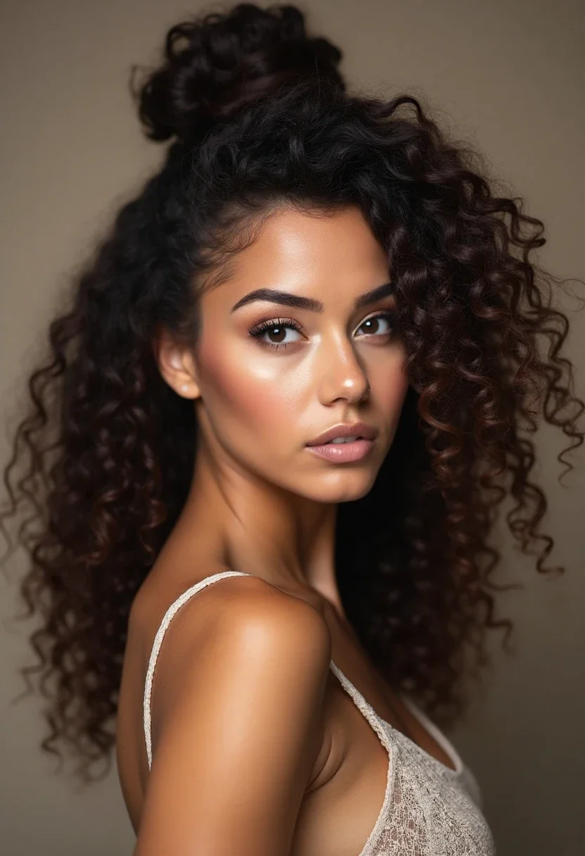 Curly haired woman with a half-up, half-down twist hairstyle.