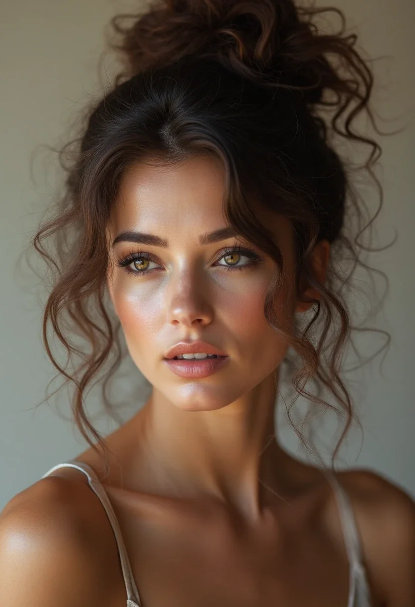 Curly haired woman with a messy bun hairstyle.