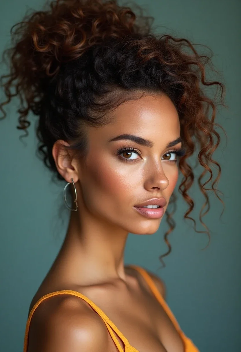 Curly haired woman with a pineapple updo hairstyle.