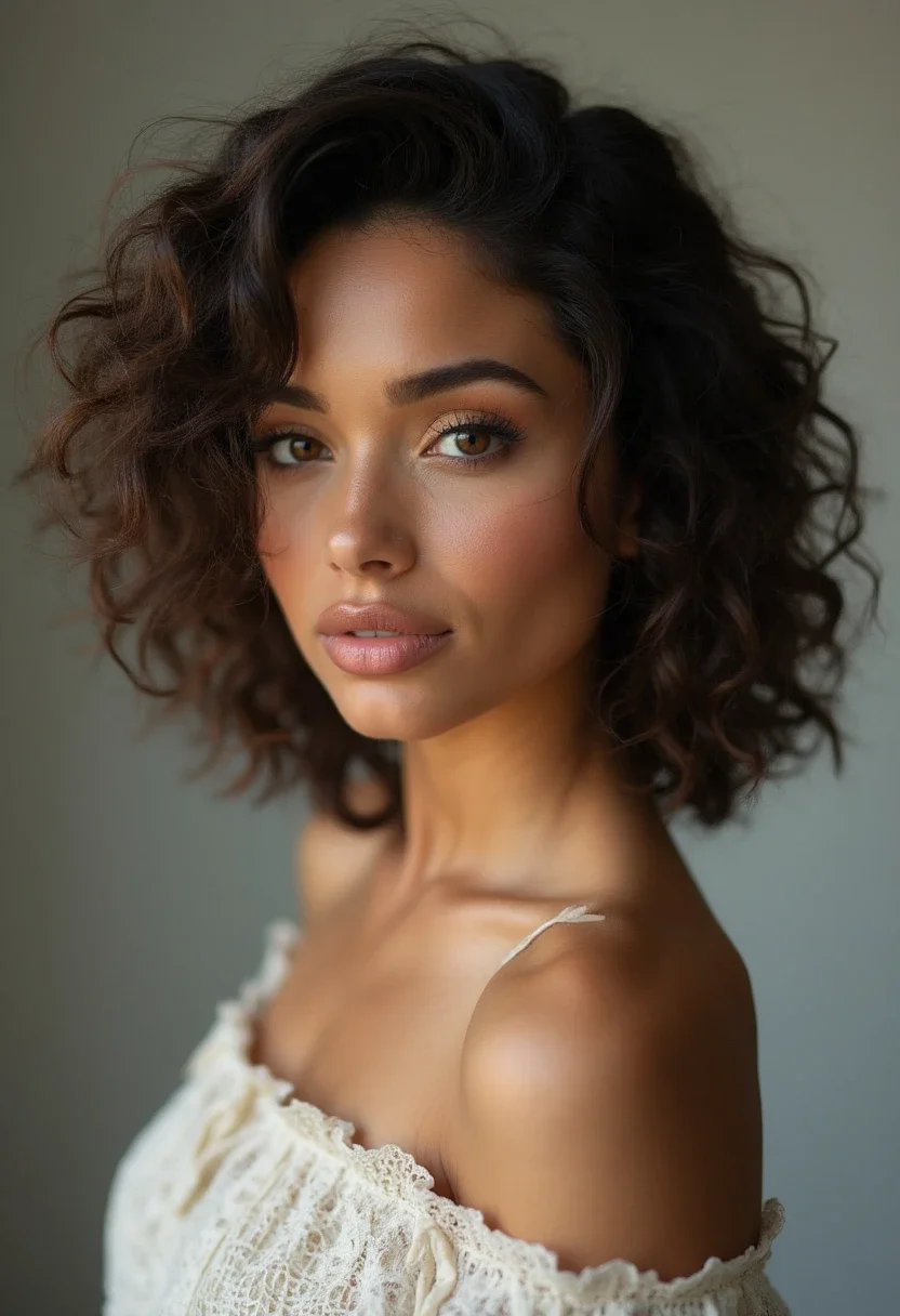 Curly haired woman with a bob hairstyle.