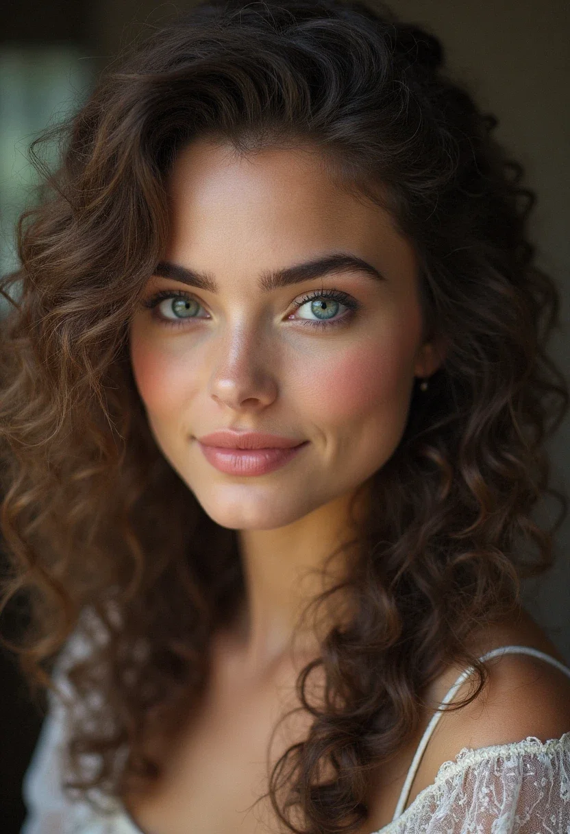 Curly haired woman with a side braid hairstyle.
