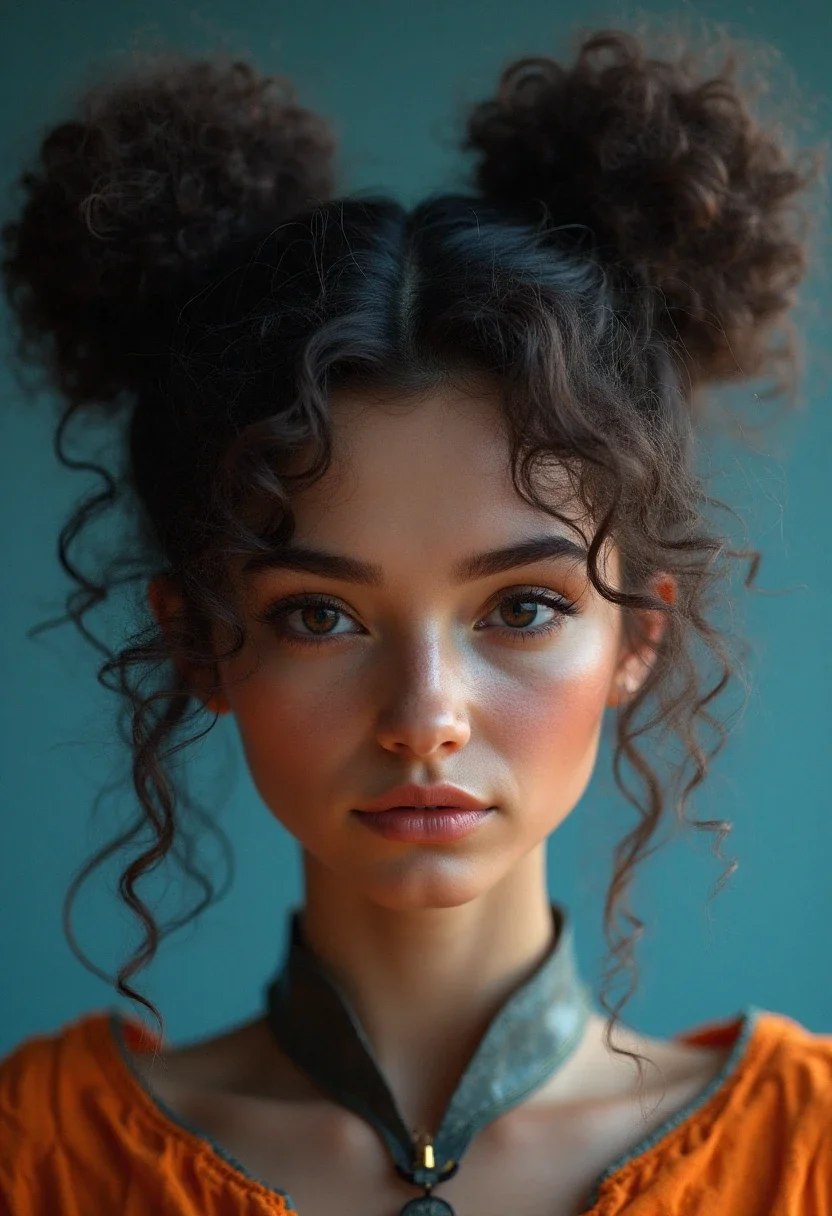 Curly haired woman with space buns hairstyle.