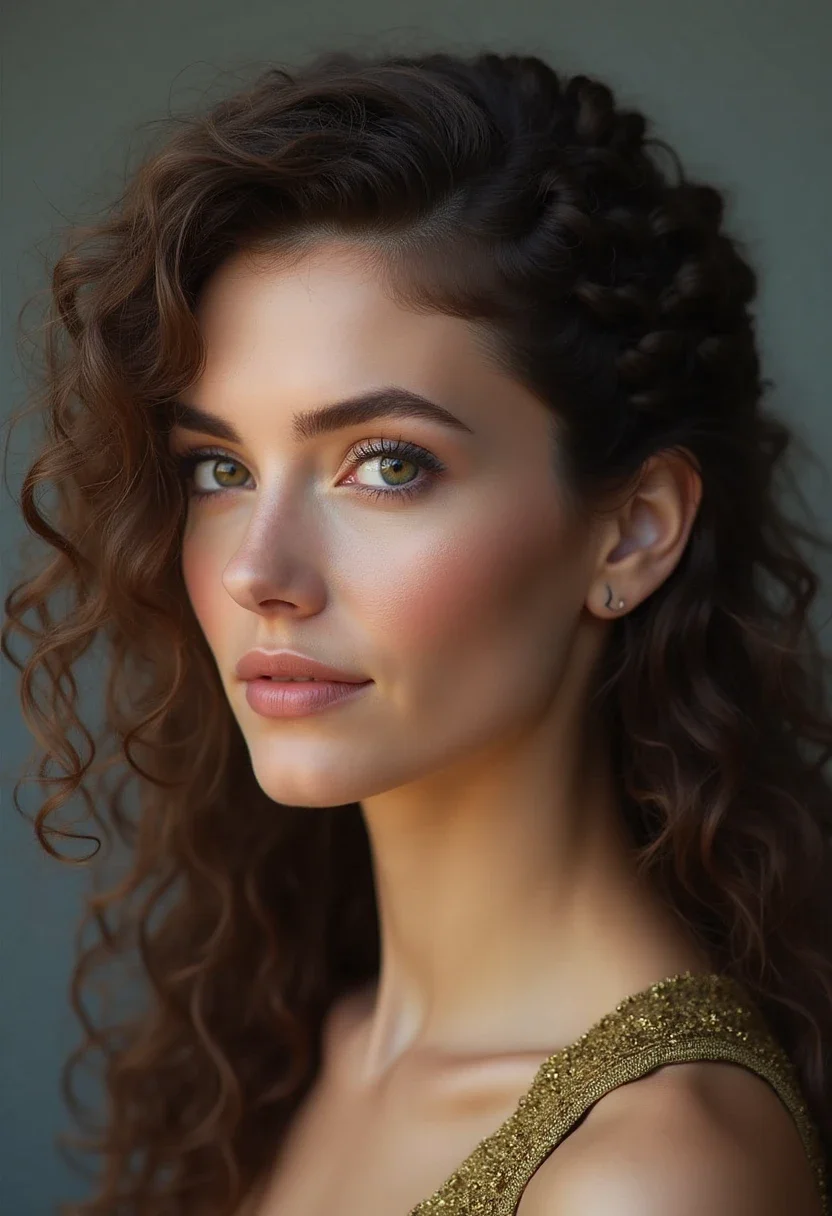 Curly haired woman with a twisted crown hairstyle.