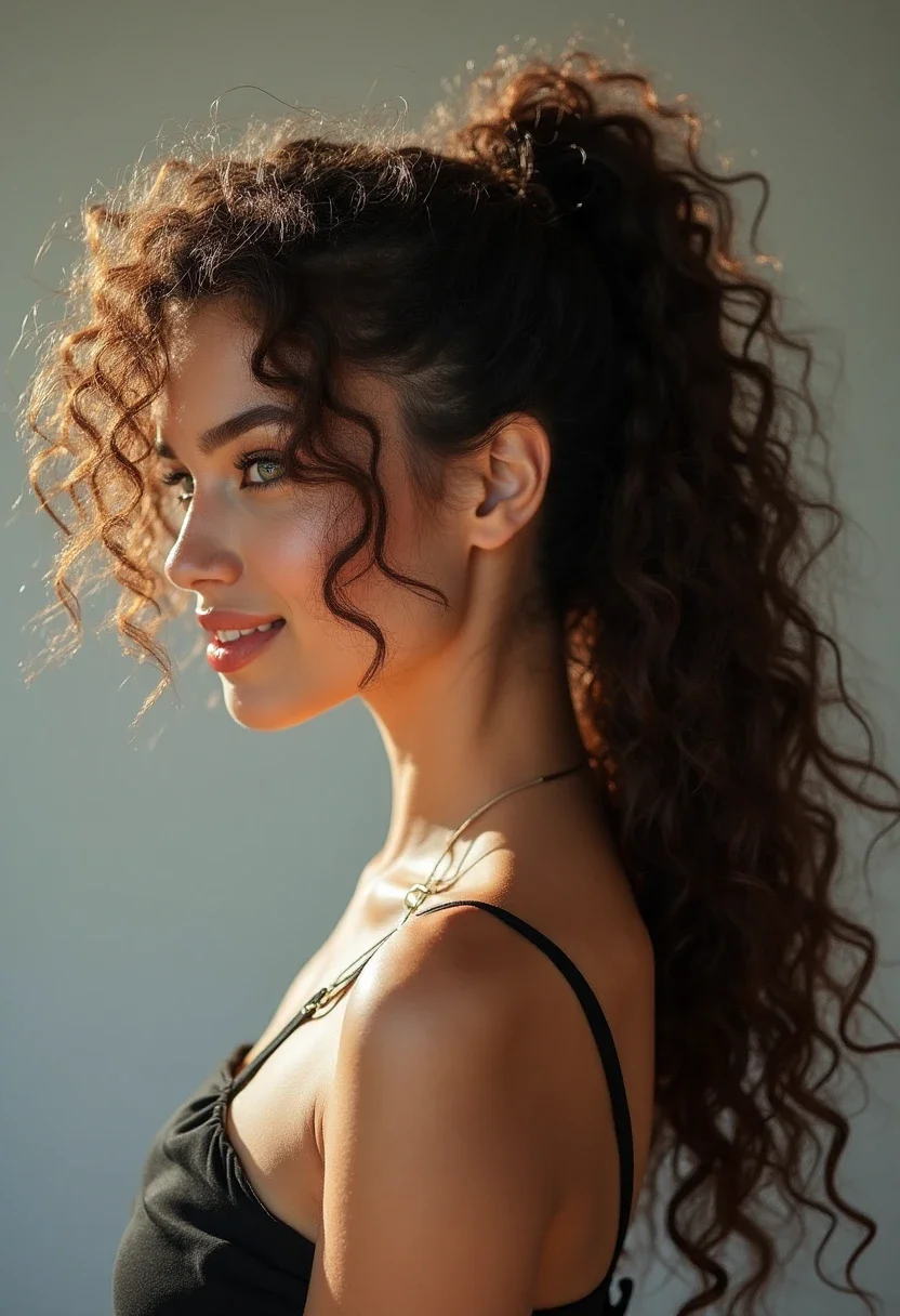 Curly haired woman with a ponytail hairstyle.