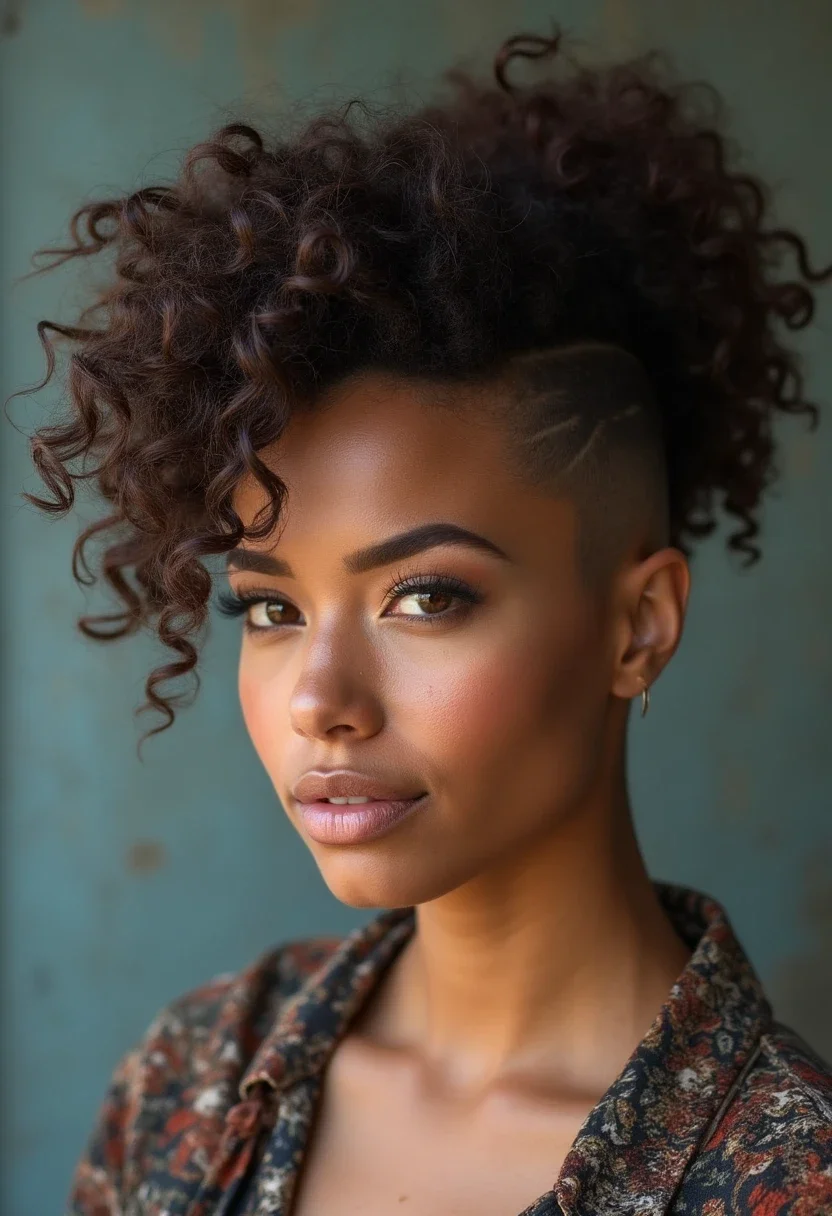 Curly haired woman with a faux hawk hairstyle.