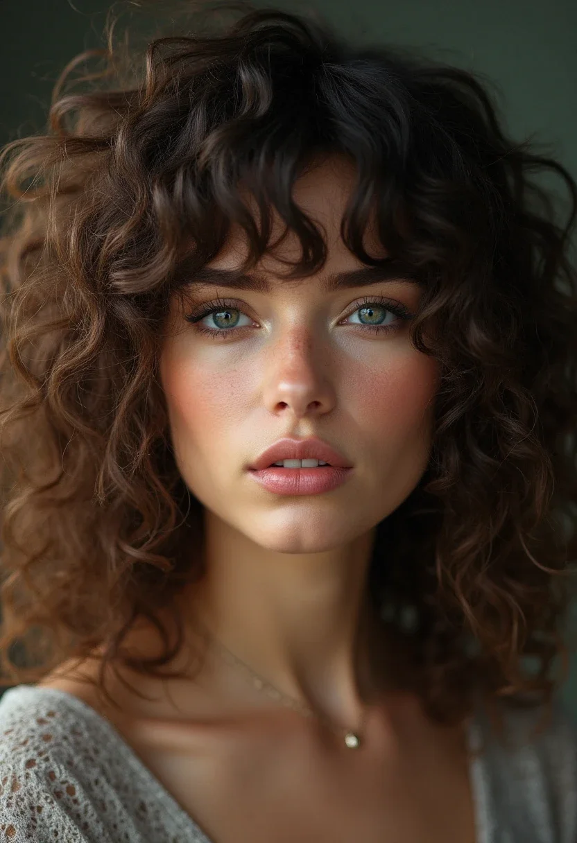 Curly haired woman with bangs.