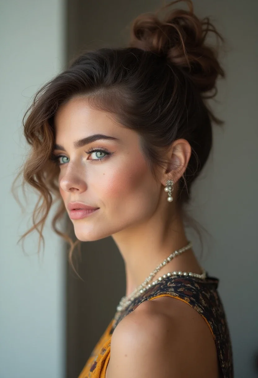Woman with a half-up top knot hairstyle