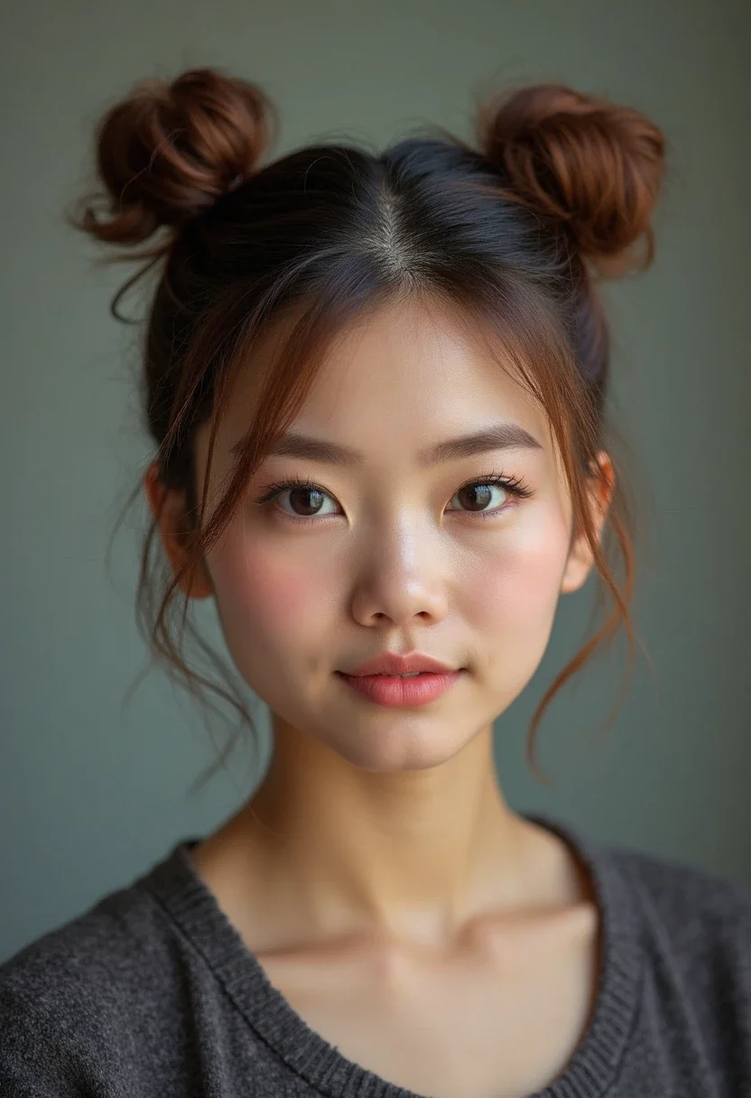 Woman with mini space buns hairstyle