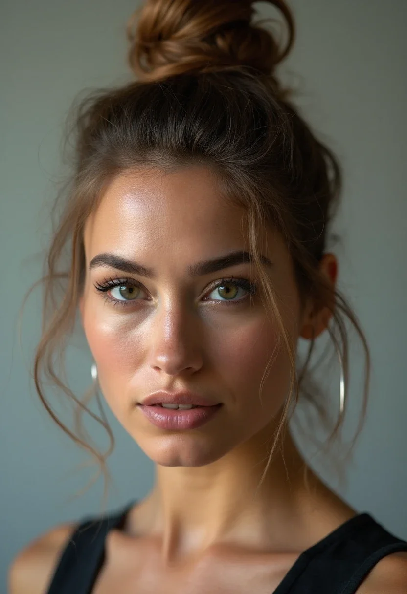 Woman with a top knot hairstyle