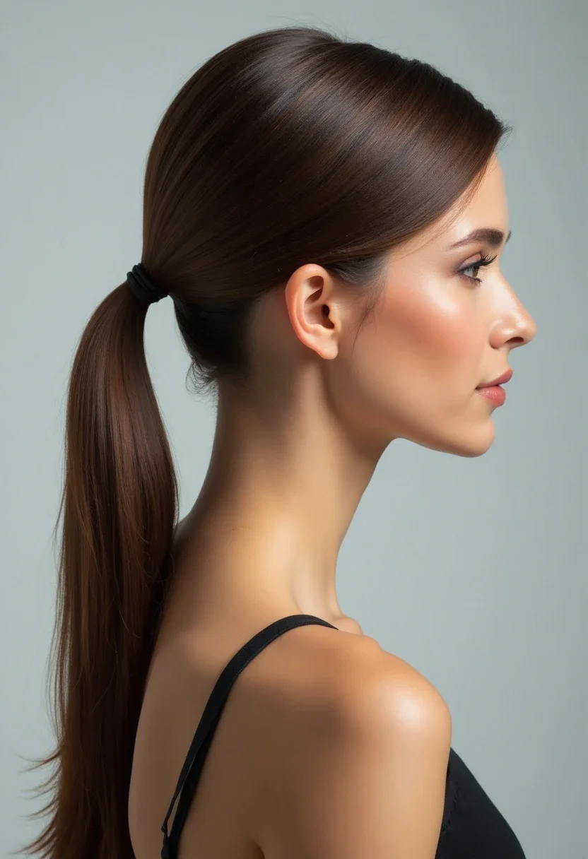 Side view of a woman with a sleek low ponytail.