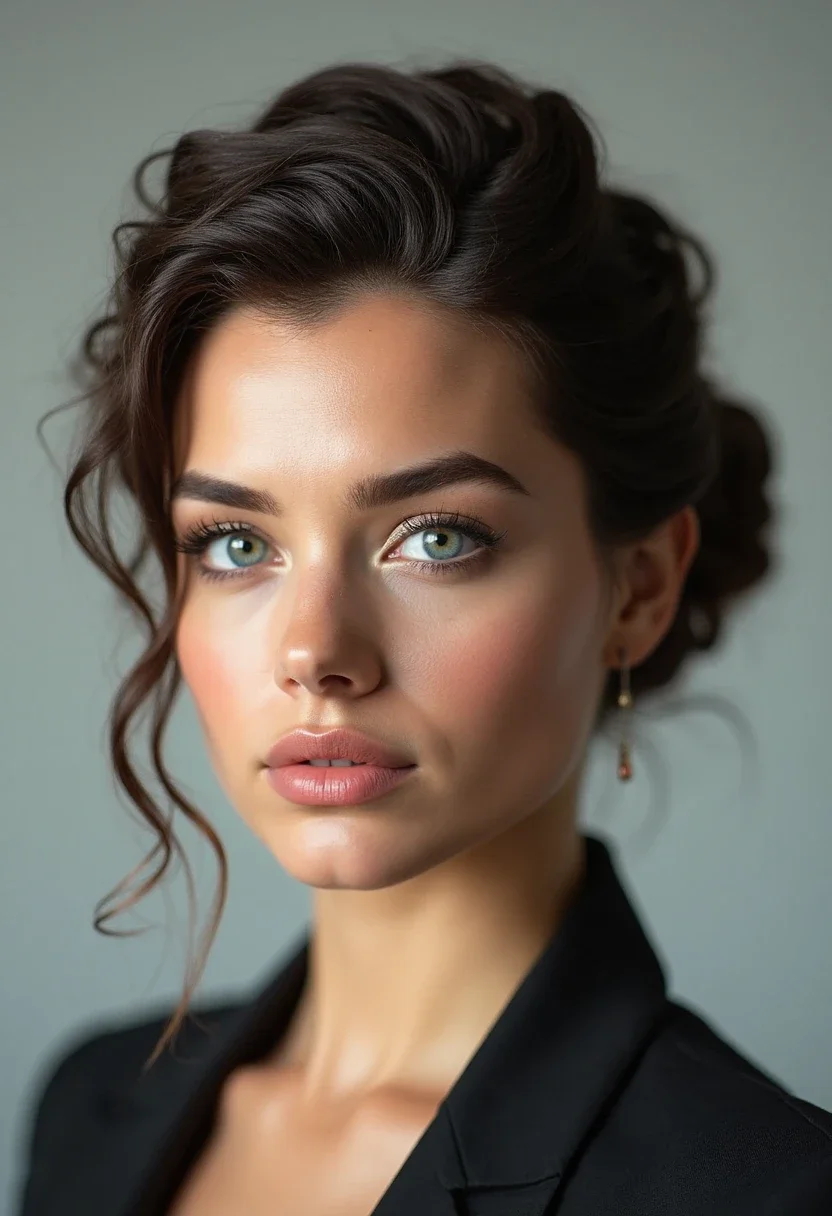 Woman with medium length hair in a French twist.