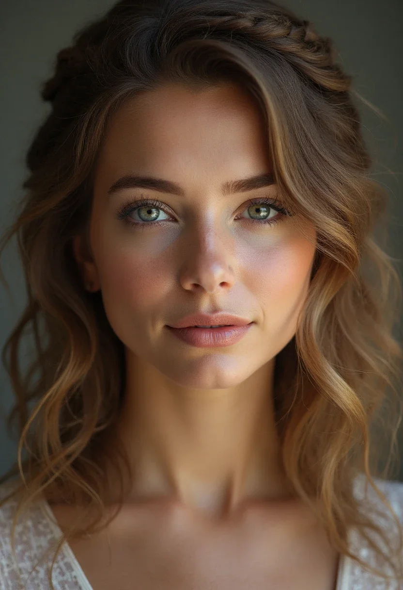 Woman with medium length hair in a braided crown.