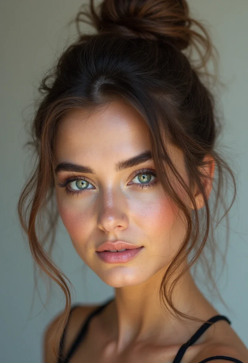 Woman with medium length hair in a messy top knot.
