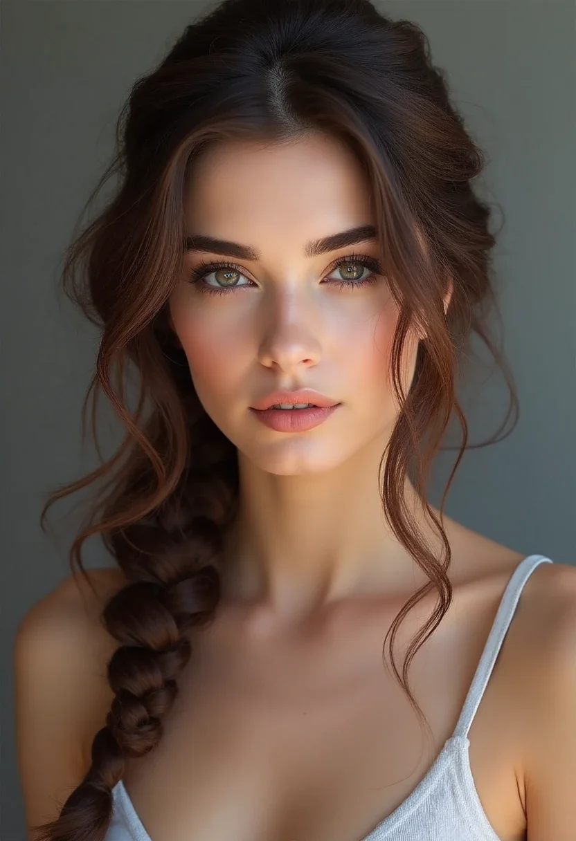 Woman with medium length hair in a side braid.