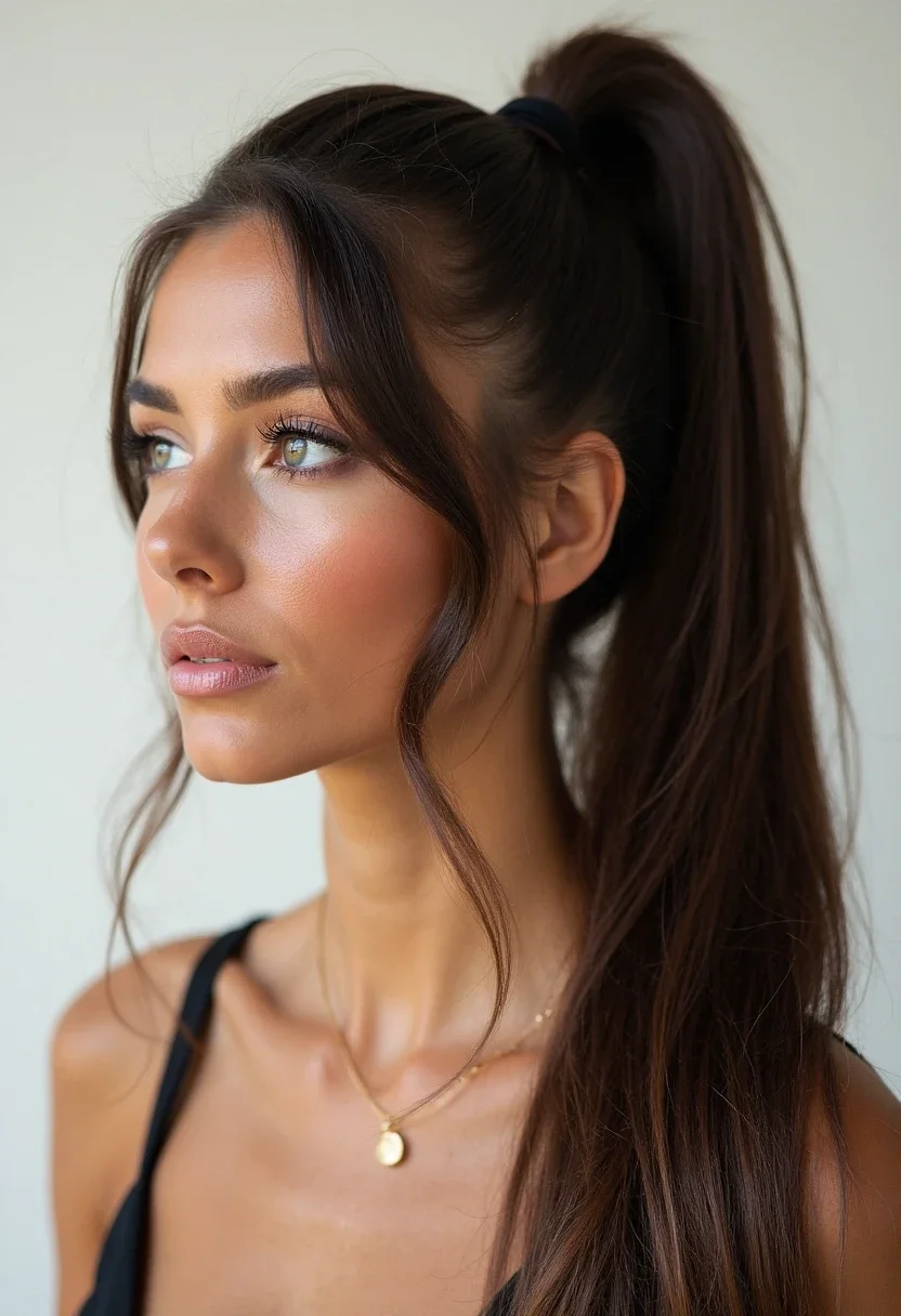Woman with thick hair in a sleek high ponytail, smooth and glossy.