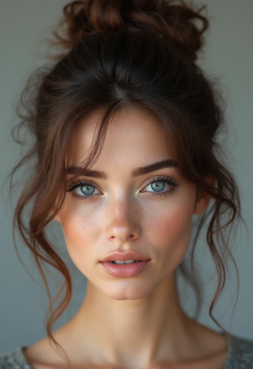 Woman with thick hair in a casual messy bun, loose strands framing her face.