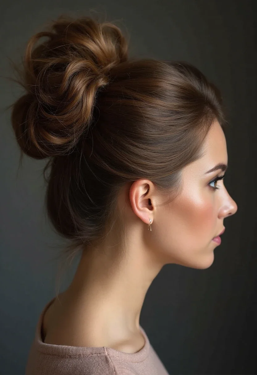 Woman with thick hair in an elegant updo, hair neatly pinned.