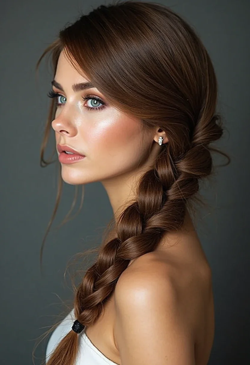 Woman with thick hair in a loose side braid over her shoulder.
