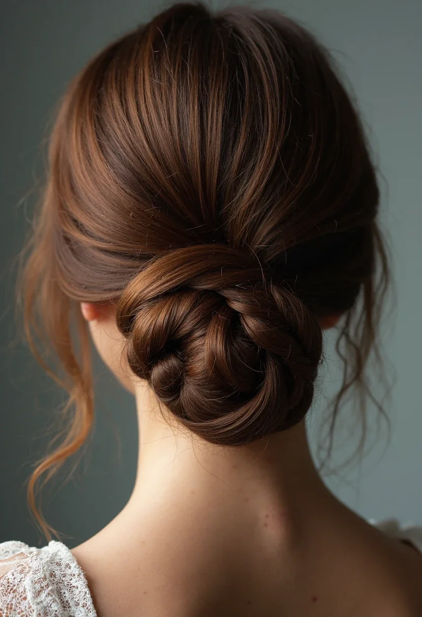 Woman with thick hair in a low chignon, hair neatly twisted.