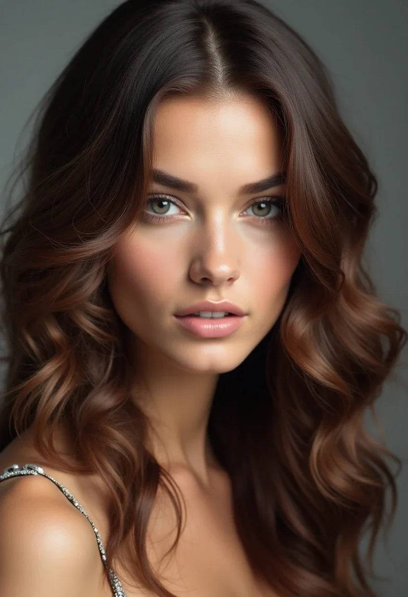 Woman with thick hair in loose waves, hair cascading naturally.