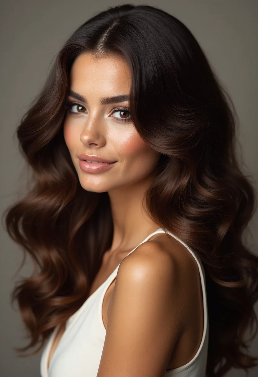 Woman with thick hair in a voluminous blowout, hair full and shiny.
