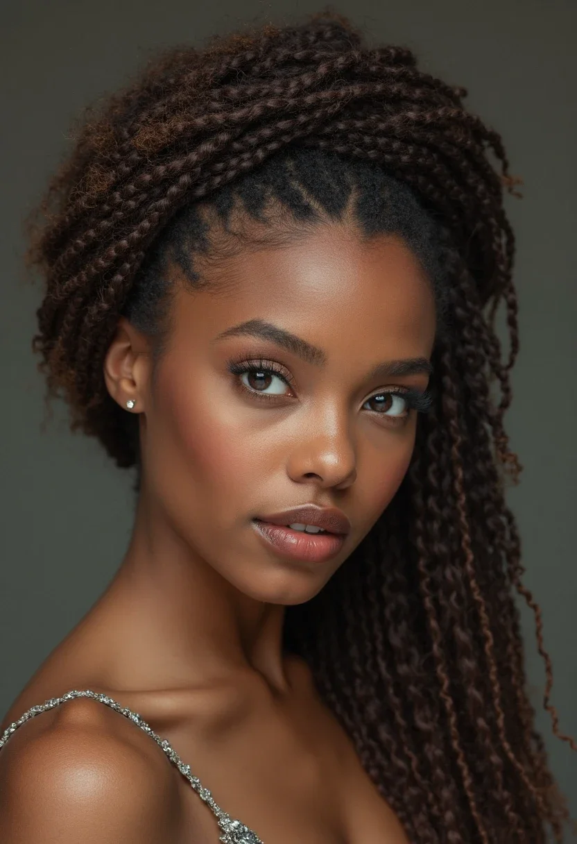 Woman with thick hair in a braided crown, braids wrapped elegantly.