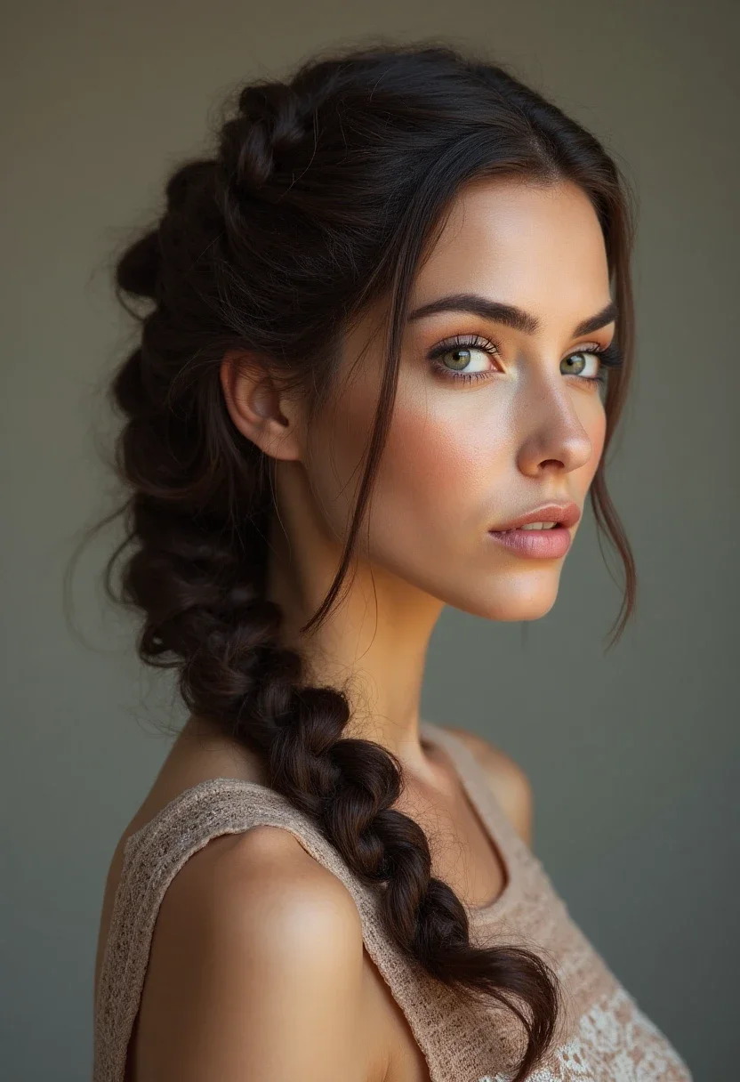 Woman with thick hair in a fishtail braid, intricate and detailed.