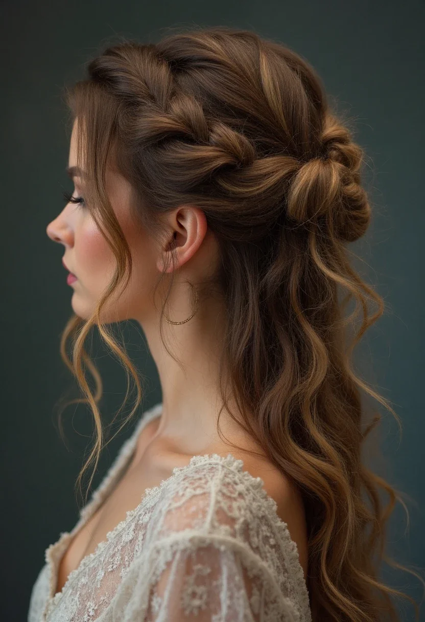 Woman with thick hair in a twisted half-up, twists pinned elegantly.