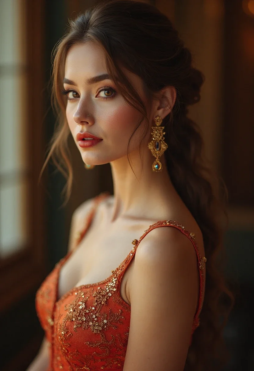 Woman with long hair in a classic chignon.