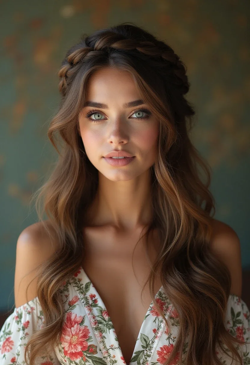 Woman with long hair in a half-up braided crown.