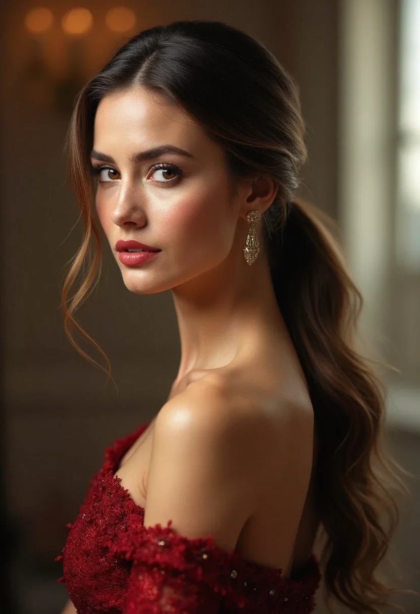 Woman with long hair in a sleek low ponytail.