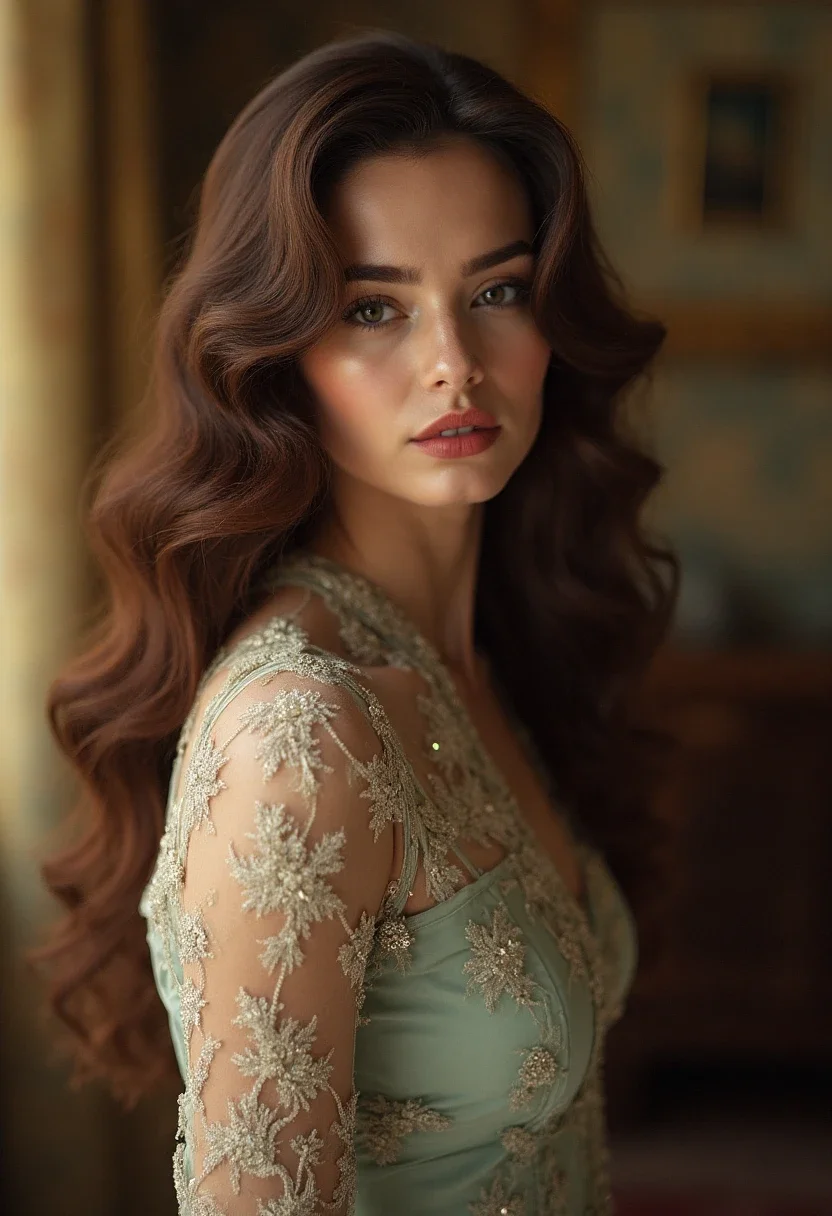 Woman with long hair in Hollywood waves.