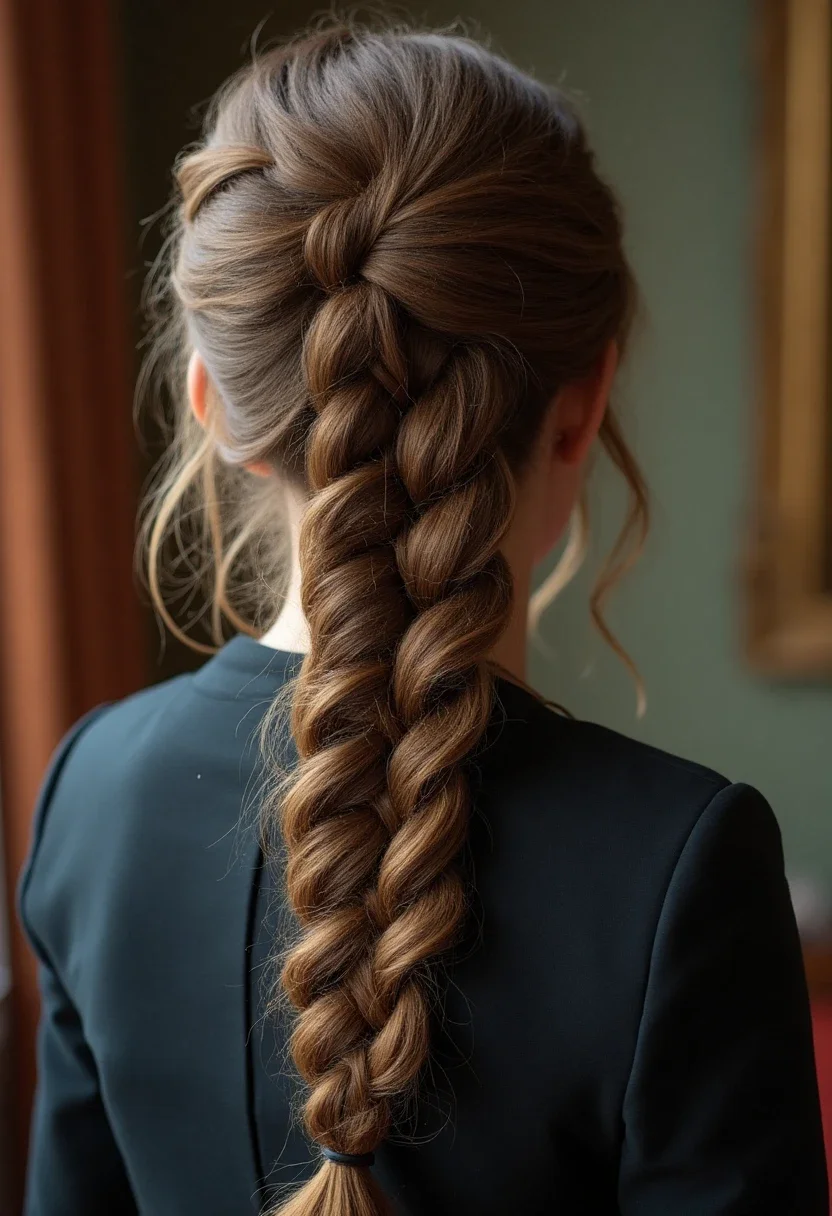 Woman with long hair in a fishtail braid.