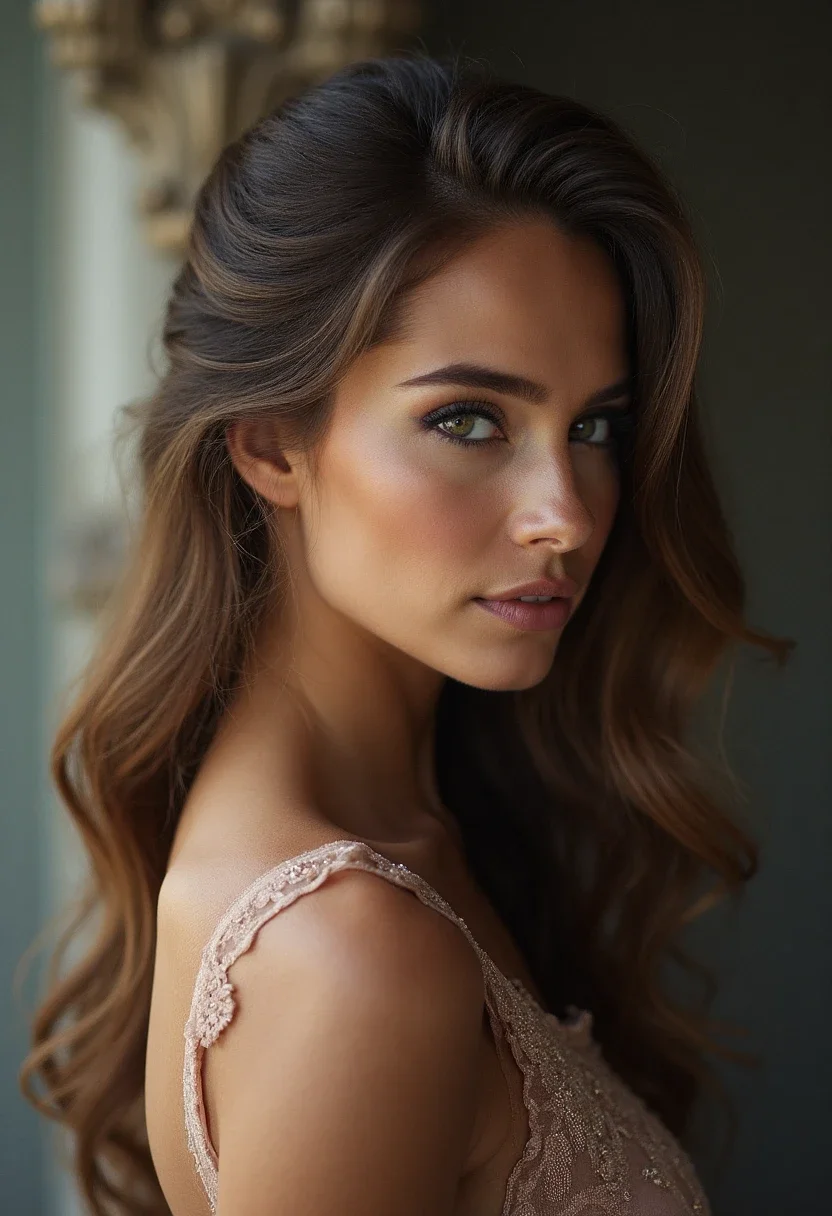 Woman with long hair in a French twist.