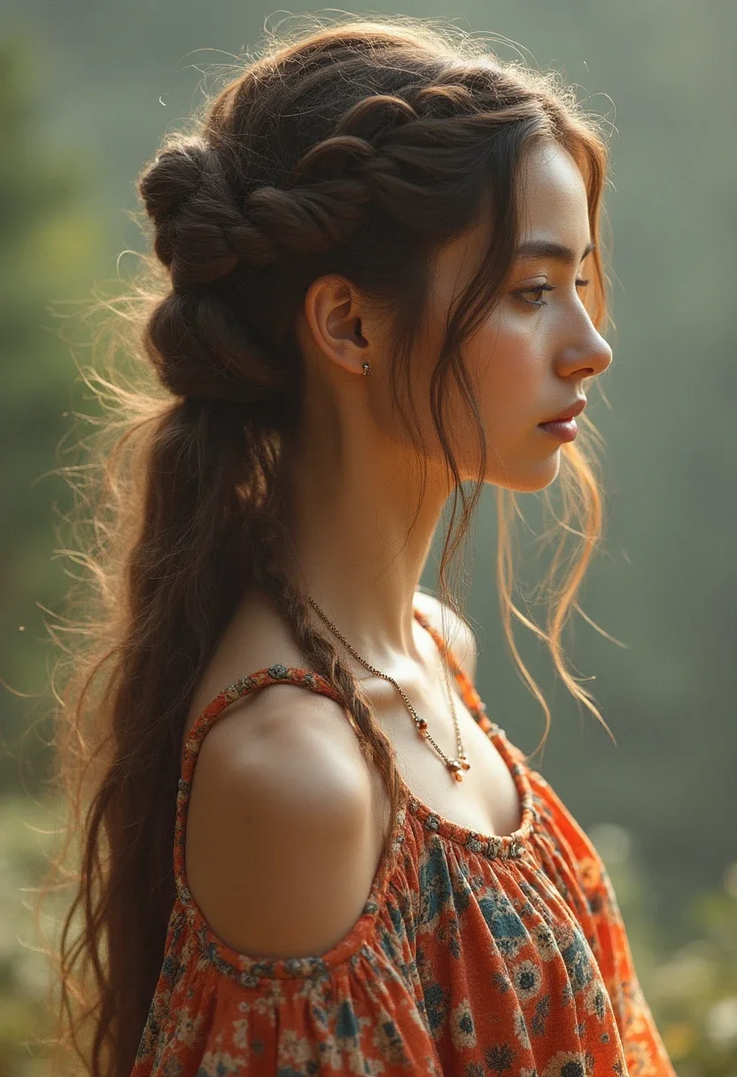 Woman with long hair in a bohemian braided updo.