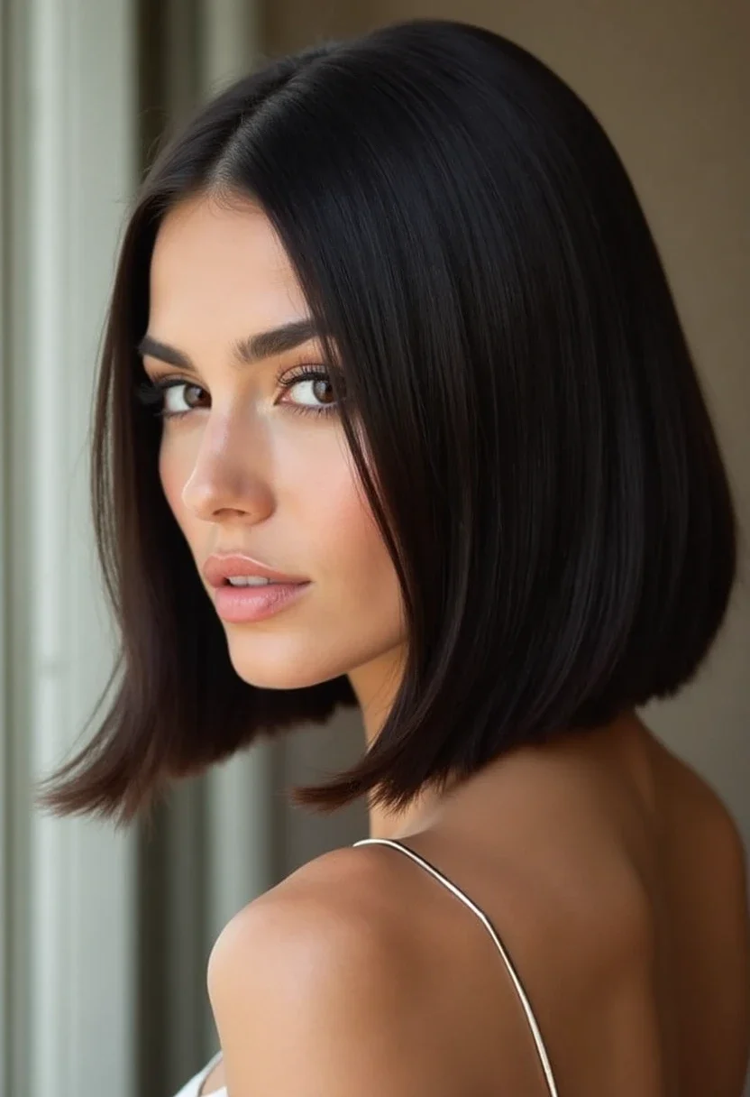 A model with a sleek bob hairstyle at a formal event.