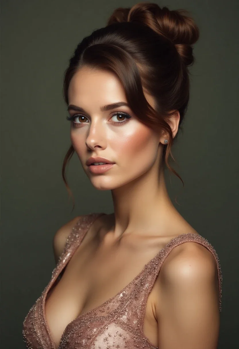 Chignon bun hairstyle for short hair at a formal event.