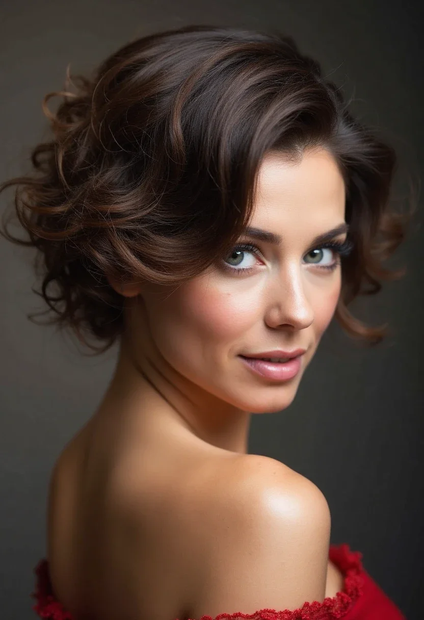 Feathered layers hairstyle for short hair at a formal event.