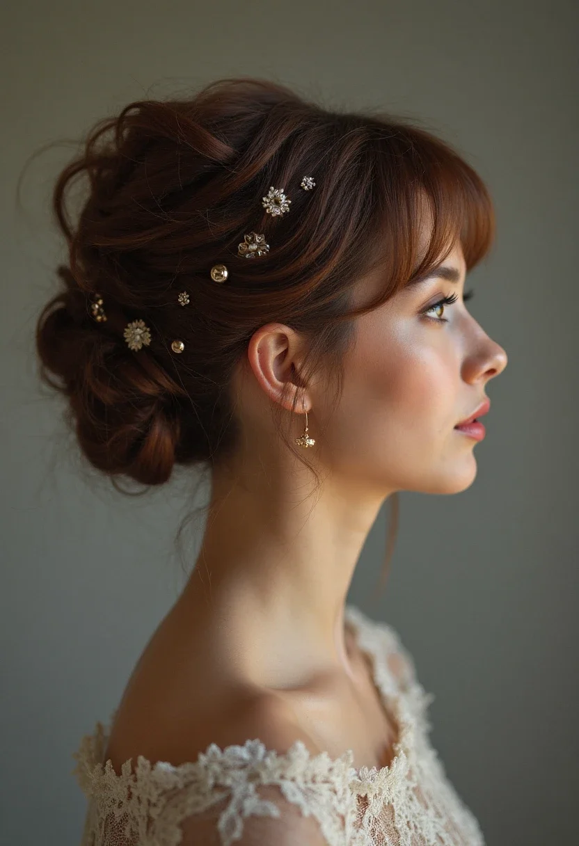Elegant updo for short hair at a formal event.
