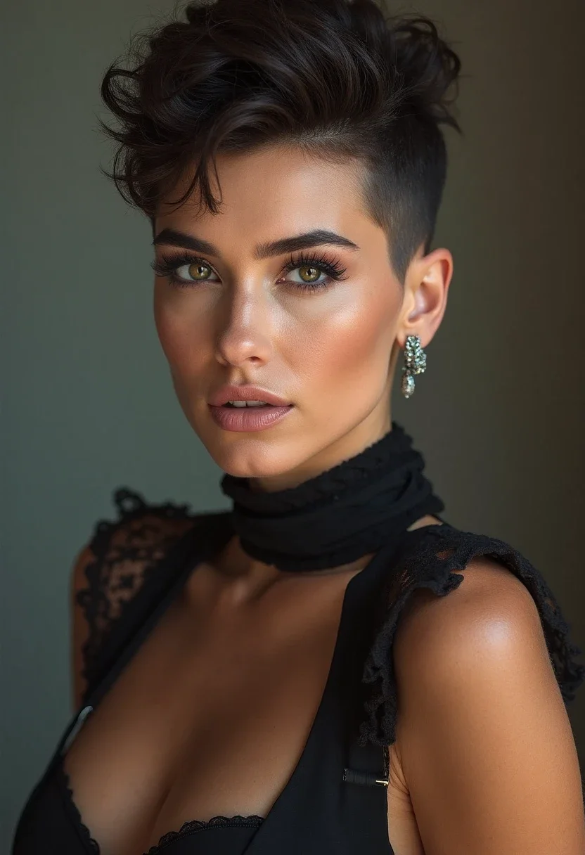 Pompadour hairstyle for short hair at a formal event.