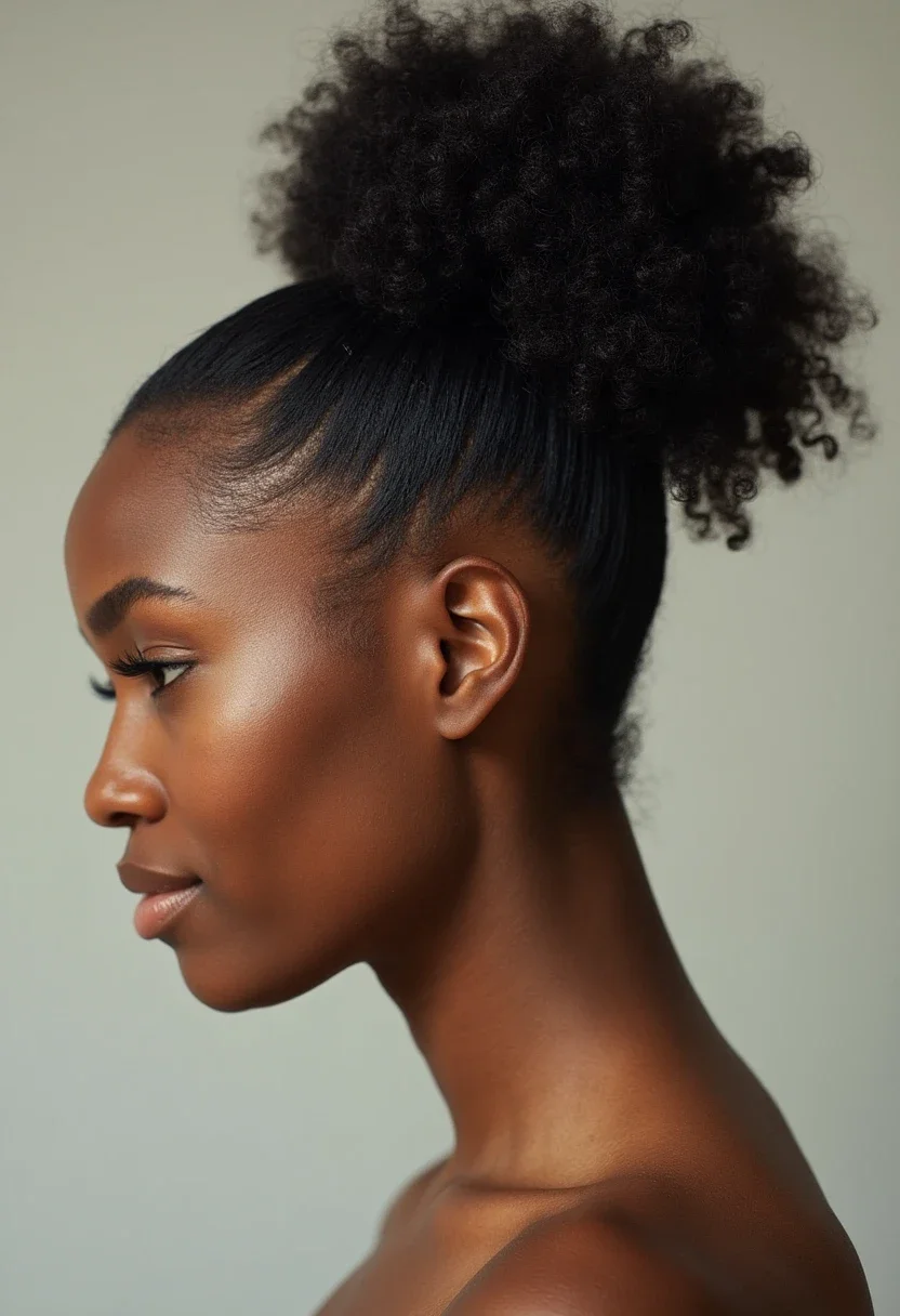 Person with natural hair in a high bun.