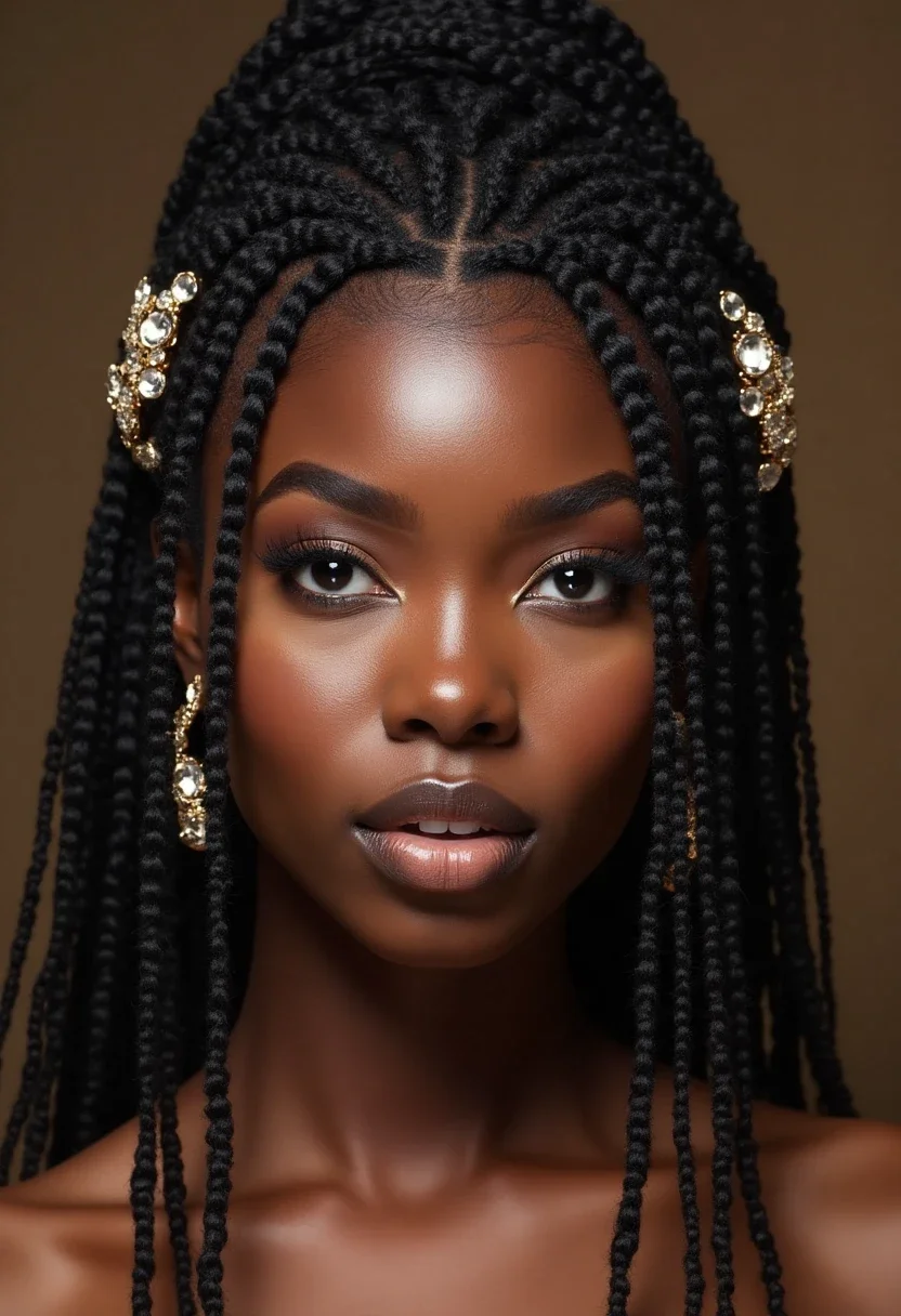 Black woman with elegant flat twists and decorative hair clips.