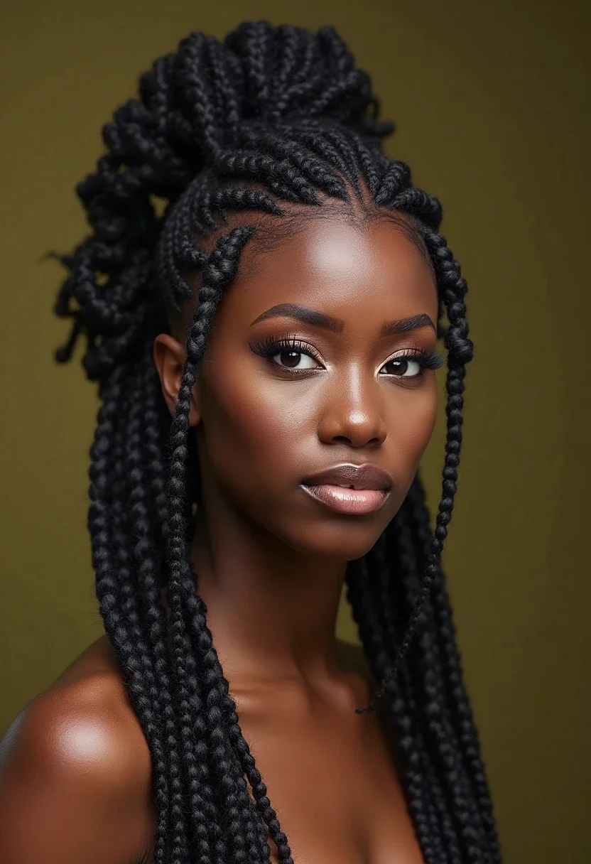 Black woman with goddess braids, highlighting bold and artistic braiding patterns.