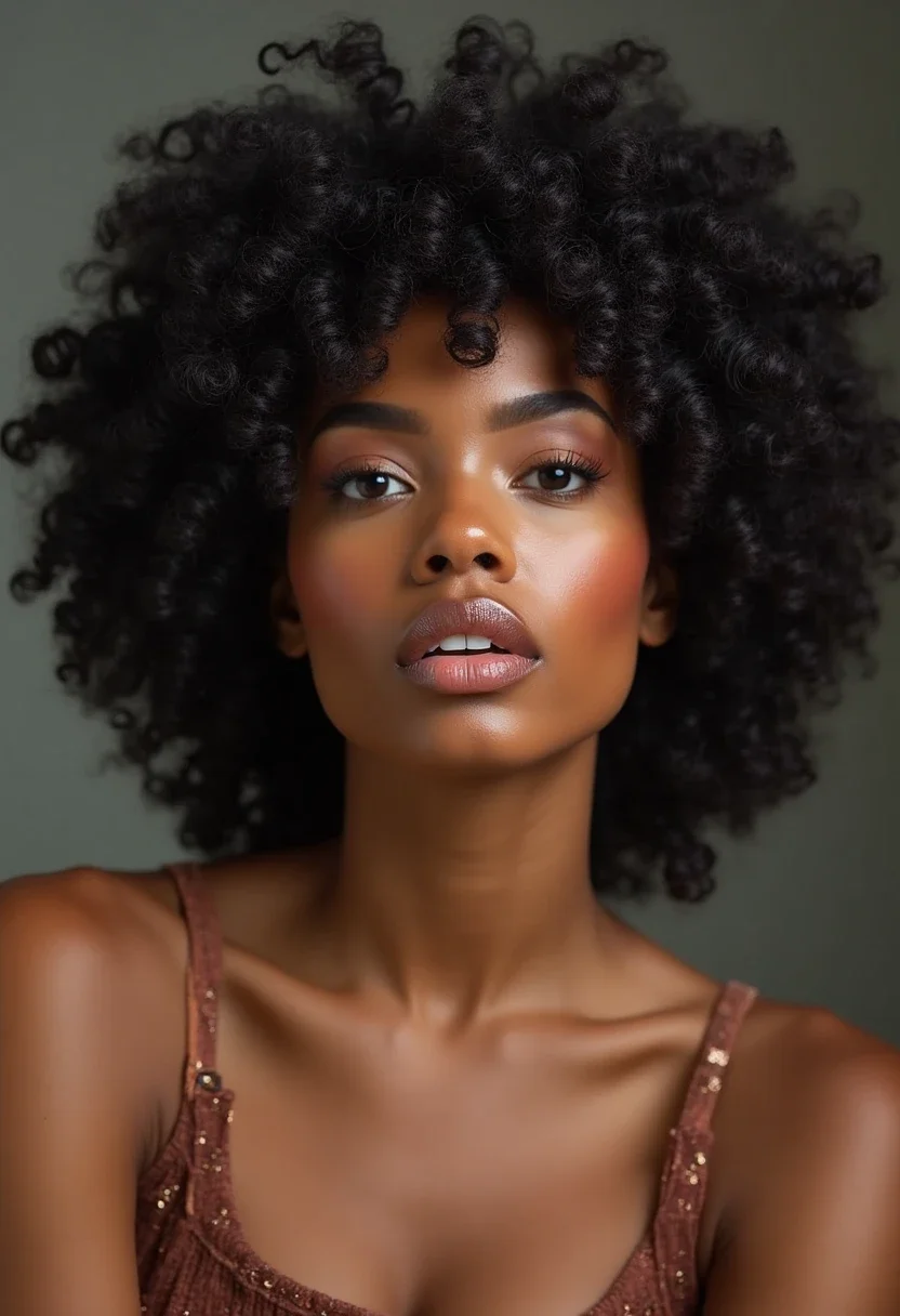 Black woman with bold finger coils, highlighting her natural curls and shine.