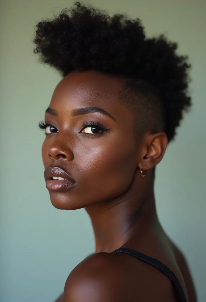 Black woman with a chic frohawk, showcasing volume and sleekness.
