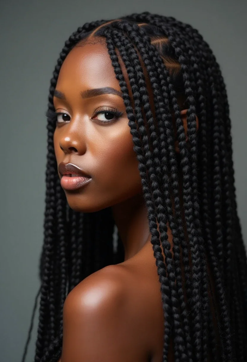 Black woman with long box braids, highlighting the protective and stylish nature of the braids.