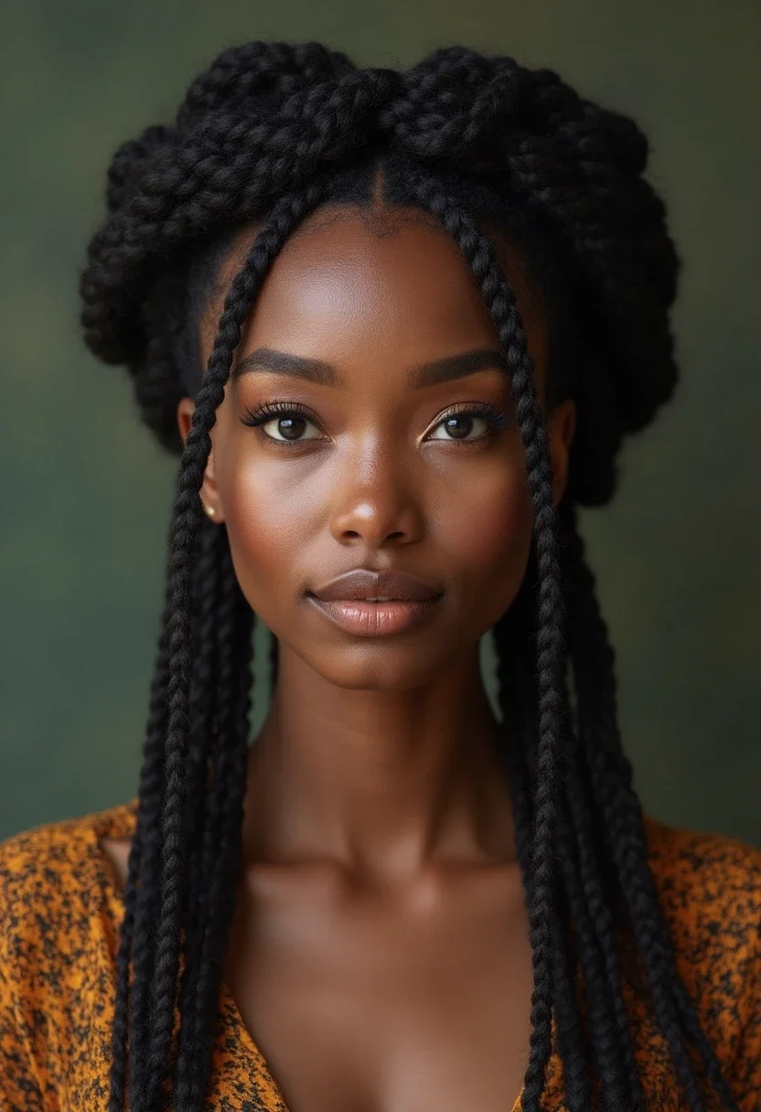 Black woman with a crown braid, highlighting the elegance and sophistication of the style.