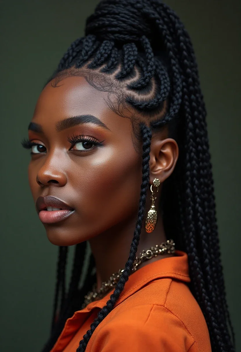 Black woman with cornrows, showcasing intricate braiding patterns.